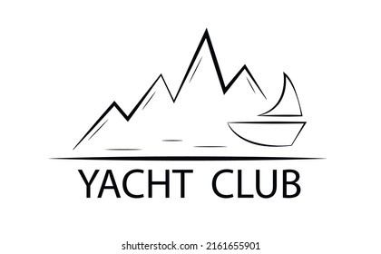 Yacht club. Digital logo of lineart with hand lettering. Yacht mountains and water. Black lines on the white background. Logotype for yacht business cards flyer banner poster brochure competition.