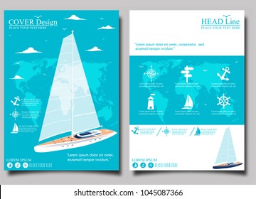 Yacht club flyer design with sail boat. Luxury yacht race, sea sailing regatta poster vector illustration. Nautical worldwide traveling promotion layout.