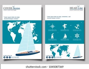 Yacht club flyer design with sail boat. Luxury yacht race, sea sailing regatta poster vector illustration. Nautical worldwide traveling promotion layout.