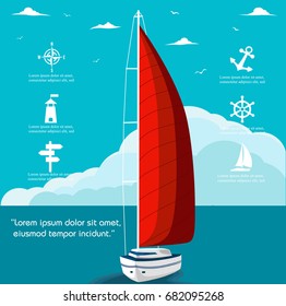 Yacht club flyer design with sail boat. Luxury yacht race, sea sailing regatta banner vector illustration.