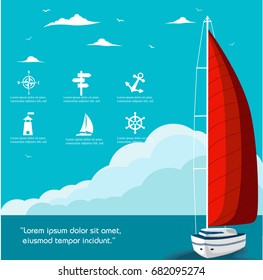 Yacht club flyer design with sail boat. Luxury yacht race, sea sailing regatta banner vector illustration.