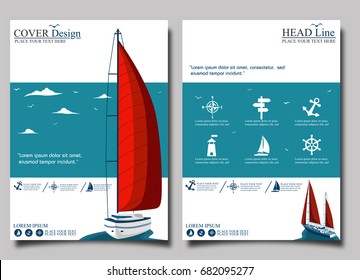 Yacht club flyer design with sail boat. Luxury yacht race, sea sailing regatta banner vector illustration.