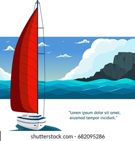 Yacht club flyer design with sail boat. Luxury yacht race, sea sailing regatta banner vector illustration.