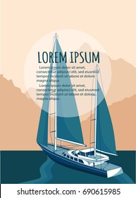 Yacht club flyer design with sail boat. Luxury yacht race, sea sailing regatta banner vector illustration.