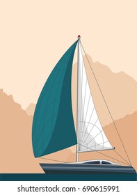 Yacht club flyer design with sail boat. Luxury yacht race, sea sailing regatta banner vector illustration.