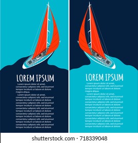 Yacht club flyer design with sail boat. Luxury yacht race, sea sailing regatta banner vector illustration.