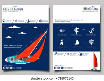 Yacht club flyer design with sail boat. Luxury yacht race, sea sailing regatta banner vector illustration.