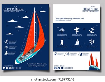 Yacht club flyer design with sail boat. Luxury yacht race, sea sailing regatta banner vector illustration.