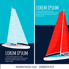 Yacht club flyers design with sail boat. Luxury yacht race, sea sailing regatta poster vector illustration. Nautical worldwide traveling promotion layout.