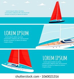 Yacht club flyers design with sail boat. Luxury yacht race, sea sailing regatta poster vector illustration. Nautical worldwide traveling promotion layout.