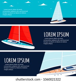 Yacht club flyers design with sail boat. Luxury yacht race, sea sailing regatta poster vector illustration. Nautical worldwide traveling promotion layout.