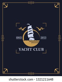 yacht club label isolated on dark background in decorative frame