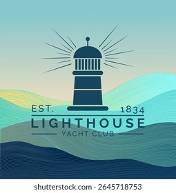 Yacht club. Lighthouse logo. Sea travel. Cruise yachting. Marine sport. Abstract ocean water wave. Silhouette navigation beacon. Adventure journey. Sailboat emblem. Regatta label. Vector banner design