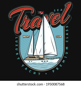Yacht club logo or emblem, badge design. Sailing boat, ship icon. Nautical school, club brand mark sample. Vector illustration