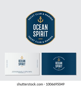 Yacht club logo. Ocean spirit emblem. Fisher Club emblem. Letters and an anchor on a blue badge with waves. Identity. Business card.