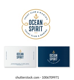 Yacht club logo. Ocean spirit emblem. Fisher Club emblem. Letters and an anchor on a blue badge with waves. Identity. Business card.