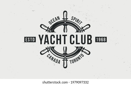 Yacht Club, Nautical logo, poster. Yachting vintage trendy logo with ship wheel. Vector emblem template. 