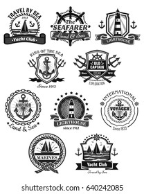 Yacht club nautical and marine heraldic icons set. Vector symbols of seafarer helm and sailor compass or knot, ship anchor and life buoy. Badges and ribbons with chains, trident and voyager boat