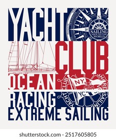 Yacht club ocean racing extreme sailing vector print for kid boy man t shirt 