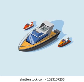 yacht club, painted speedboat and watercraft, water sports, vacation at sea, vector illustration. isometric design