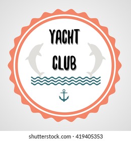 Yacht club poster sign vector icon logo with sea waves, anchor and dolphins