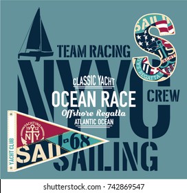 Yacht club racing sailing offshore regatta - vector artwork for boy print and embroidery 