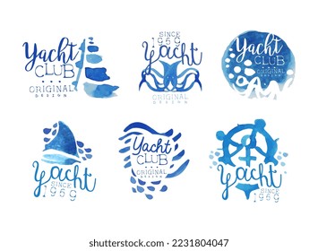 Yacht club retro logo design set. Sailing sports blue watercolor labels vector illustration