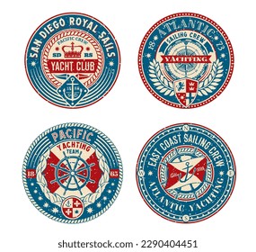 Yacht club retro patches, regatta badge and nautical sailor vector emblems. Yachting cub or sail team and marine, boat crew labels with heraldic anchor and helm, ocean and sea regatta flag patches