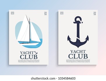 Yacht club. Sailboat in the open sea. Template for covers, card or poster. Vector illustration.