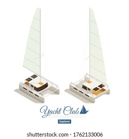 Yacht club sailing cruises isometric web page  design with 2 main deck captain cabin images vector illustration 