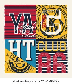 Yacht club sailing nautical elements patchwork vector print for boy t shirt