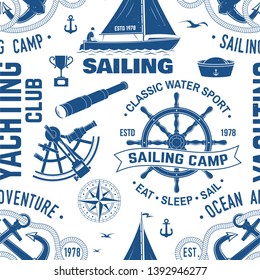 Yacht club seamless pattern or background. Vector illustration. Concept for yachting shirt, print, stamp or tee. Design with sea anchor, hand wheel, compass, sextant and rope knot silhouette.