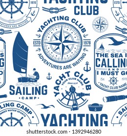 Yacht club seamless pattern or background. Vector illustration. Concept for yachting shirt, print, stamp or tee. Design with sea anchor, hand wheel, compass, sextant and rope knot silhouette.