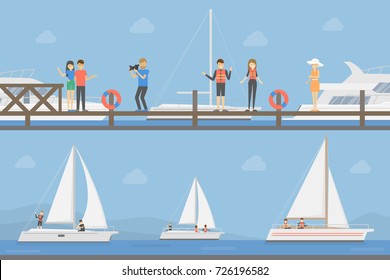 Yacht club set. Boats on the sea with people taking photos.