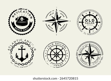 Clube de iates. Elementos de marinheiro, marinha varsity, logotipo náutico, navio capitão, projeto do emblema do ícone da roda, mar emblema onda marinha velha, bússola de navegação. Coleção de logotipos retro de design de vetor