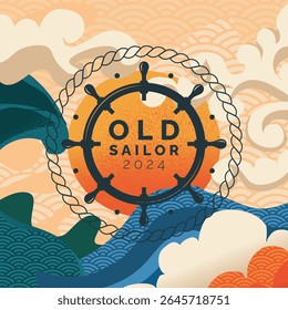 Yacht club. Ship steering wheel. Sailboat rope. Asian sea abstract water waves. Japanese ornament design. Adventure journey. Old sailor. Regatta label. Ocean travel. Marine sport. Vector tour banner