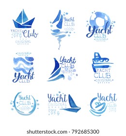 Yacht club since 1969 logo original design set, elements company logo, business identity blue watercolor vector Illustrations