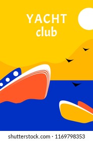 Yacht Club sport poster concept design with retro boat. Regatta yachting race flat style. Nautical worldwide travel company promotion layout. Vector illustration