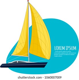 Yacht club sticker with sail boat. Luxury yacht race, sea sailing regatta badge vector illustration. Nautical worldwide recreation and traveling promotion layout with space for text.