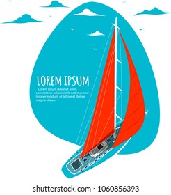 Yacht club sticker with sail boat. Luxury yacht race, sea sailing regatta badge vector illustration. Nautical worldwide cruise, company traveling promotion layout with space for text.