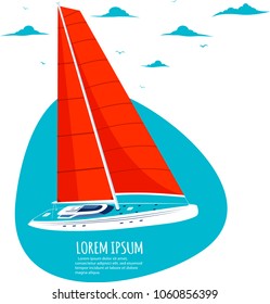 Yacht club sticker with sail boat. Luxury yacht race, sea sailing regatta badge vector illustration. Nautical worldwide traveling company promotion layout with space for text.
