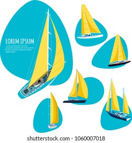 Yacht club stickers with sail boat. Luxury yacht race, sea sailing regatta badge vector illustration. Nautical worldwide traveling promotion layout.