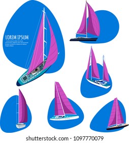 Yacht club stickers with sail boat. Sporty ships with purple sails. Luxury yacht race, sea sailing regatta badge vector illustration. Nautical worldwide traveling