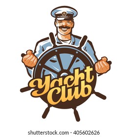 yacht club vector logo. ship captain, sailor or helm, steering wheel icon