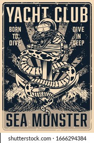 Yacht club vintage advertising poster with letterings and snake in sailor hat entwined around anchor in monochrome style vector illustration