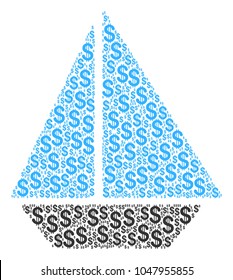 Yacht collage of dollar symbols. Vector dollar currency icons are composed into yacht illustration.