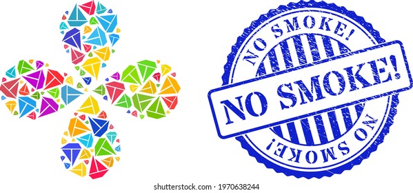 Yacht colored swirl bang, and blue round NO SMOKE exclamation. corroded stamp seal. Element flower combined from scattered yacht items. Vector flower collage in flat style.