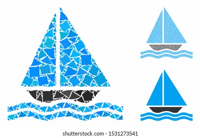 Yacht composition of abrupt pieces in variable sizes and color hues, based on yacht icon. Vector raggy pieces are united into composition. Yacht icons collage with dotted pattern.