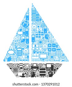 Yacht composition icon combined for bigdata and computing purposes. Vector yacht mosaics are combined from computer, calculator, connections, wi-fi, network, interface icons into abstract composition.