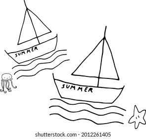 yacht cruise black and white doodles set